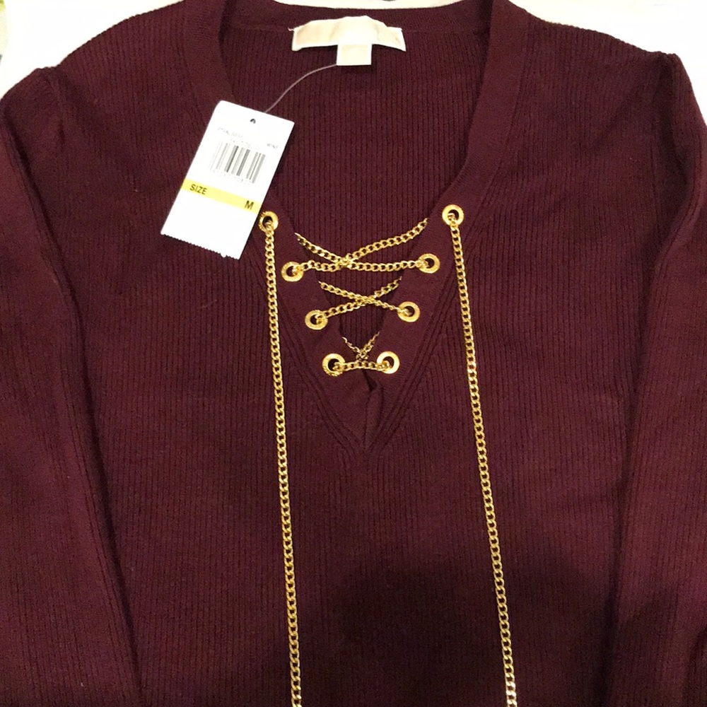 Michael Kors ribbed chain up sweater maroon